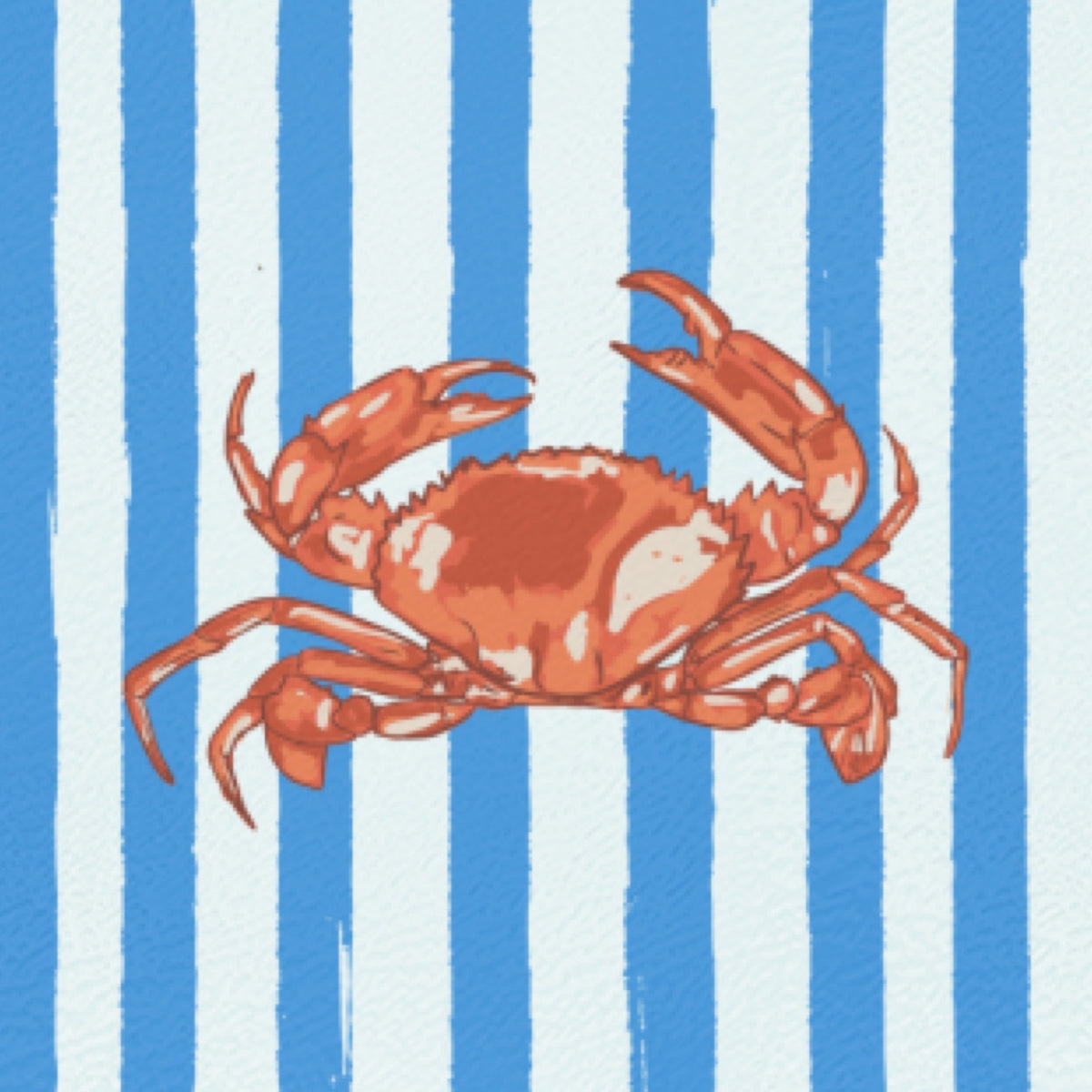 A stylised orange-red crab illustration centred on a background of vertical light blue and white stripes.