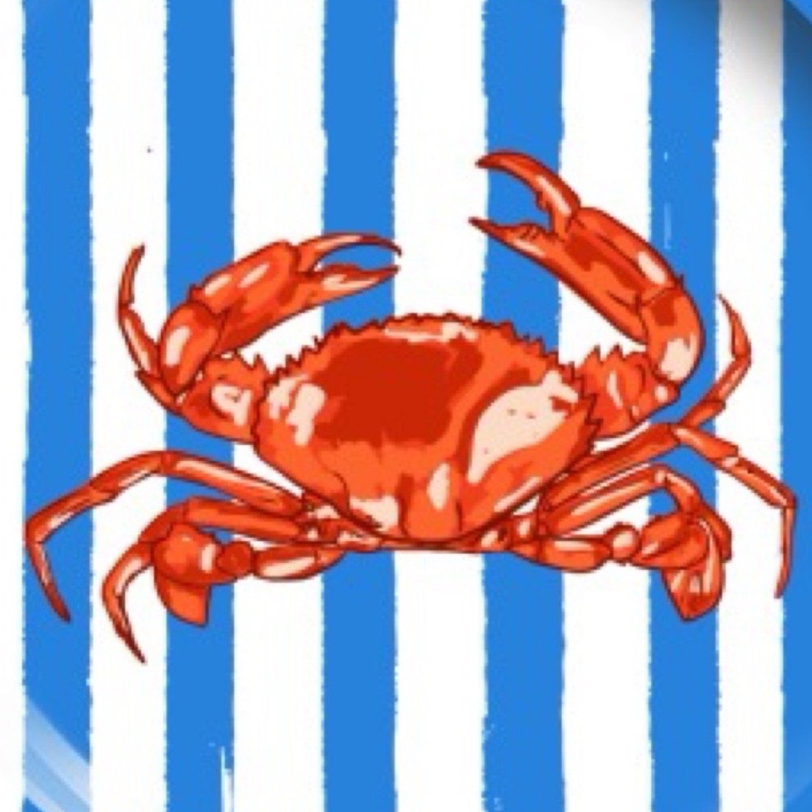 Red crab on a blue and white striped background.