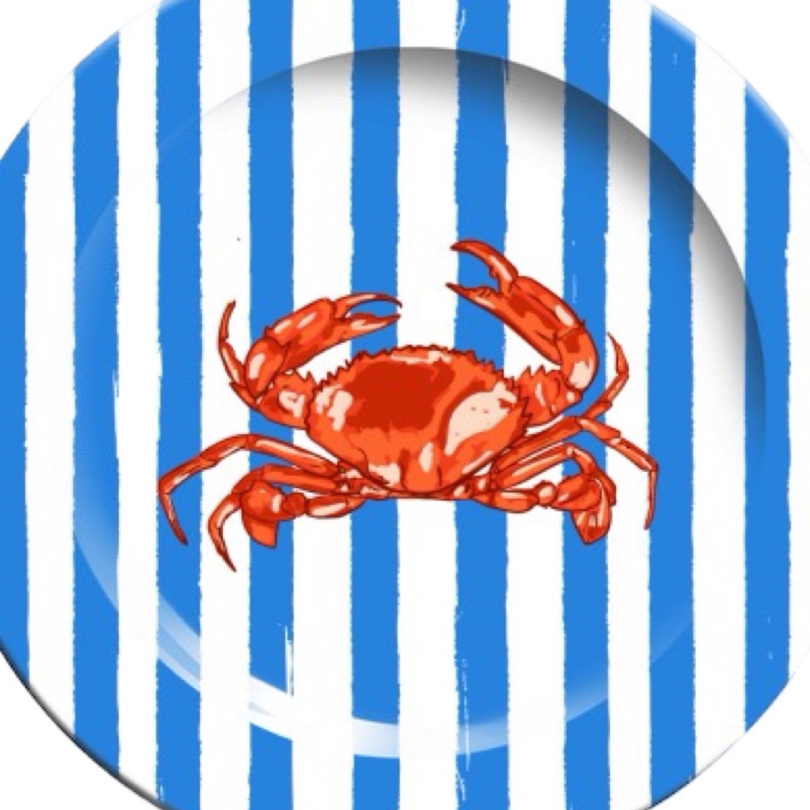 Red crab on a blue and white striped background.
