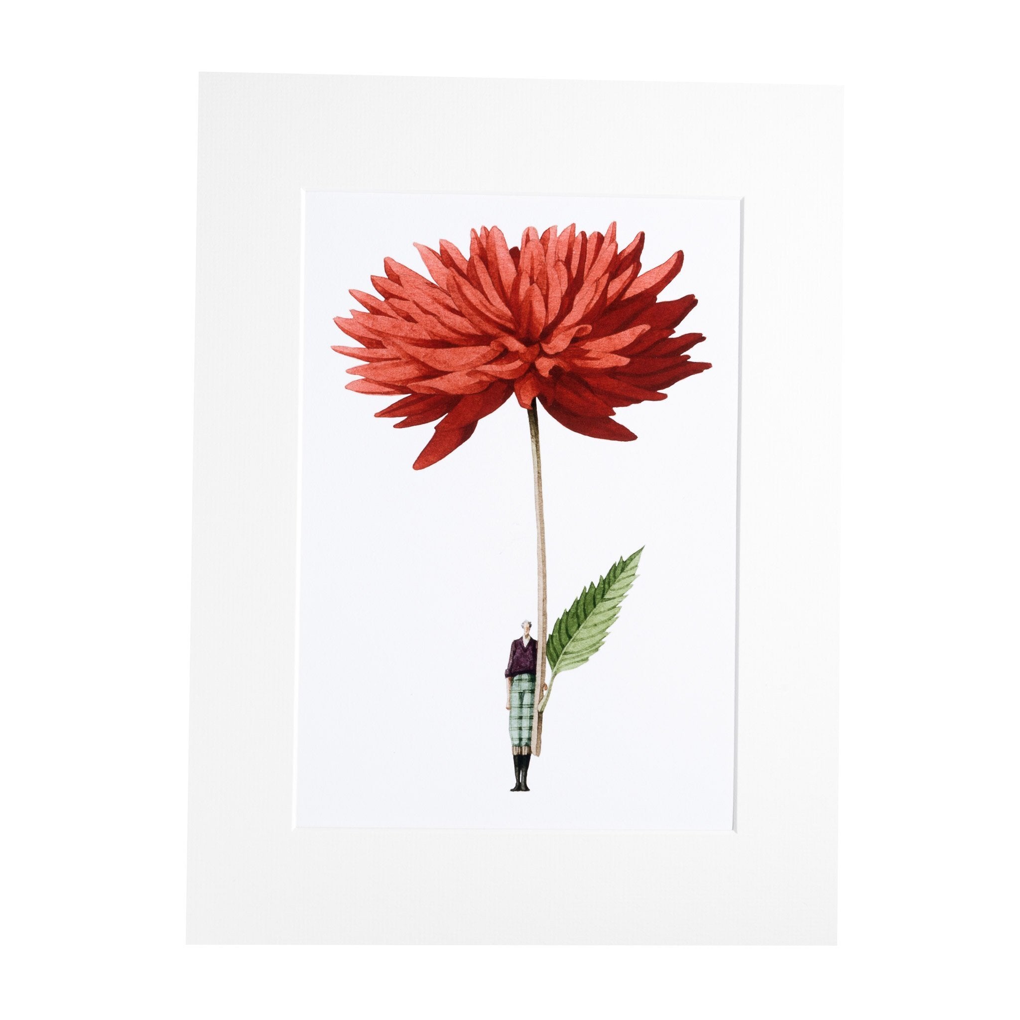 Floral mounted print featuring a beautiful illustration of a fabulously dressed lady holding a giant red dahlia.