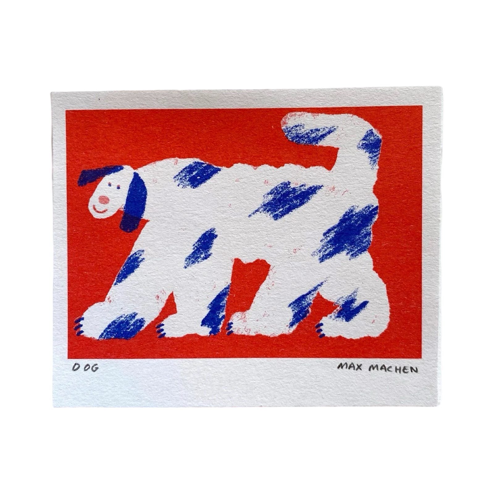Risograph print of a white and blue dog against a red background. Printed onto 140g paper made from recycled cups.
