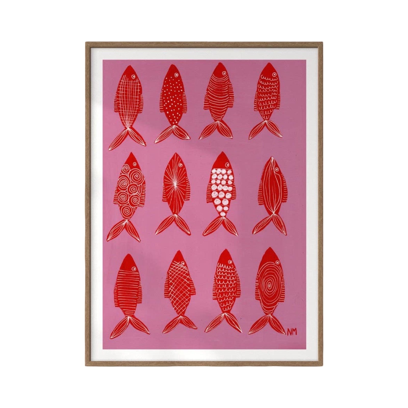 Framed artwork with red fish illustrations on a pink background.