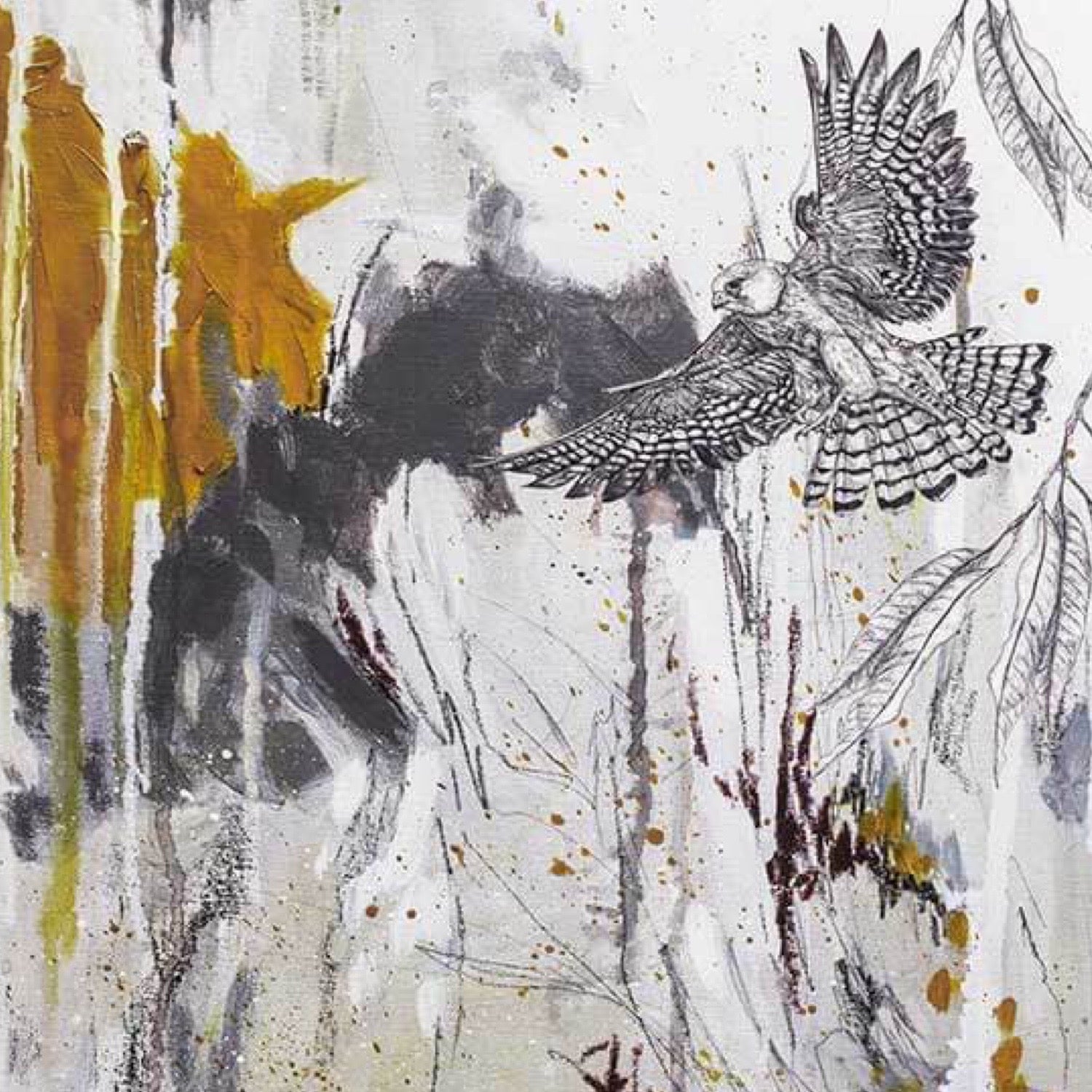 Abstract artwork with a bird and natural elements.