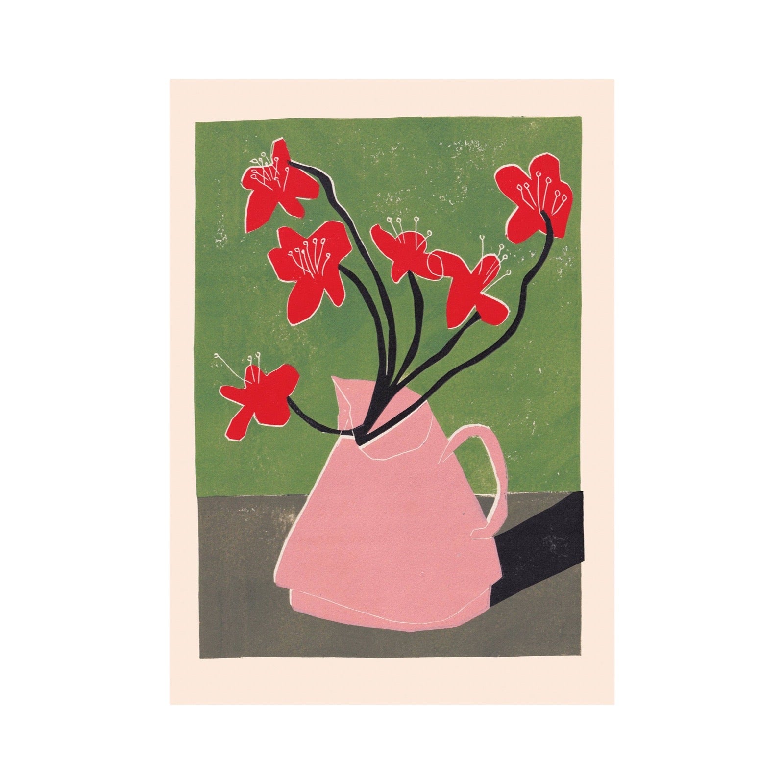 A minimalist art print featuring a pink pitcher filled with bright red flowers on a textured green background, framed by a wide cream border.