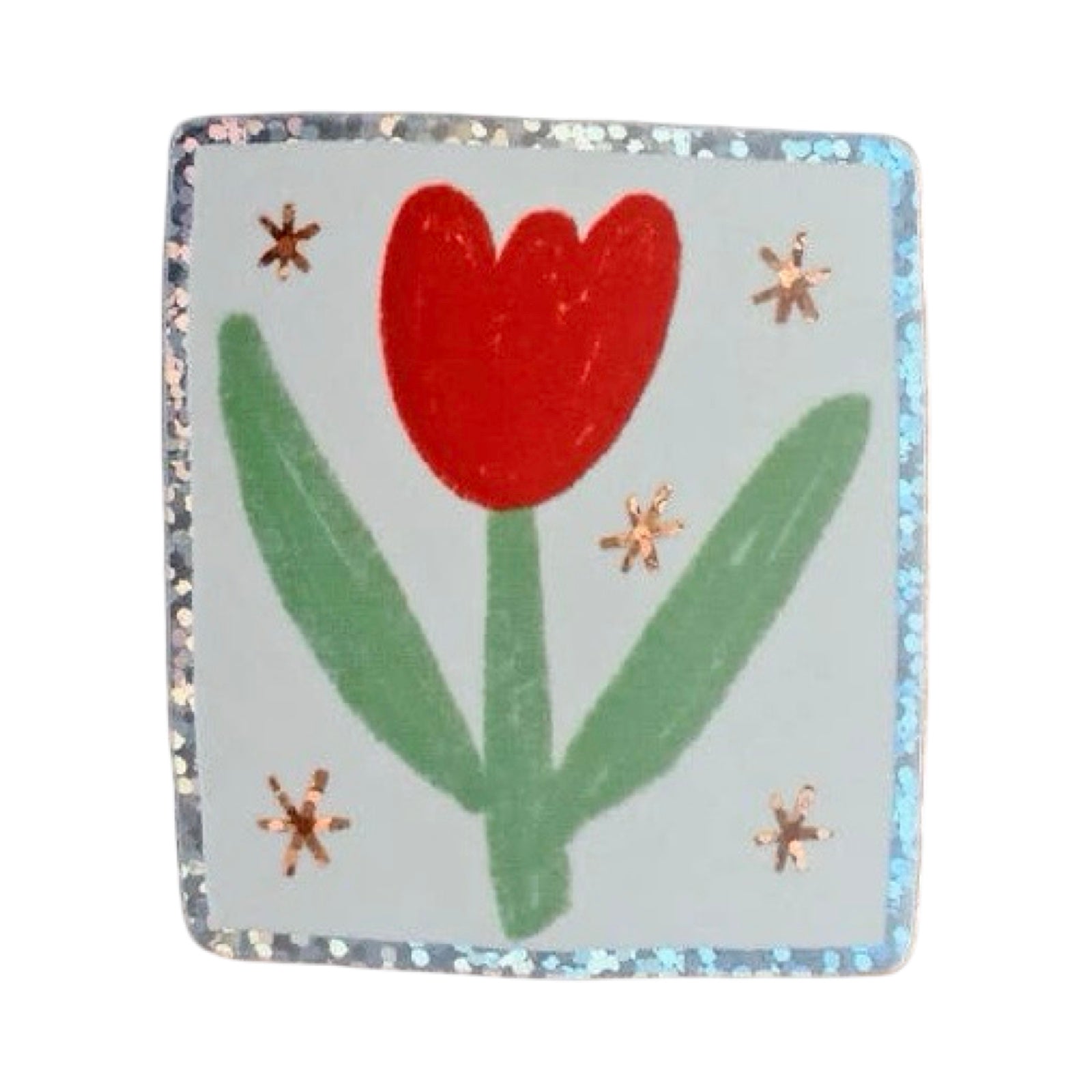 A sticker featuring a red tulip with green leaves on a light grey background, surrounded by a glittery silver border and small metallic star accents.