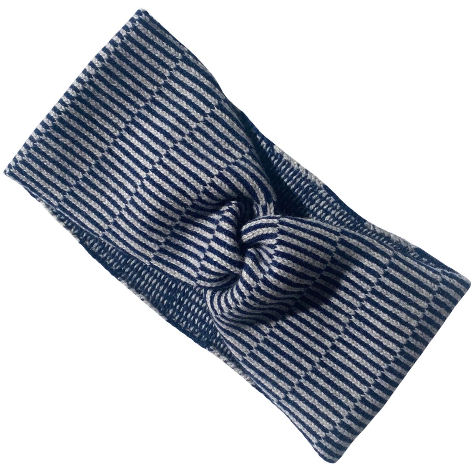A knotted fabric headband with a woven pattern of navy blue and grey stripes, shown on a plain white background.