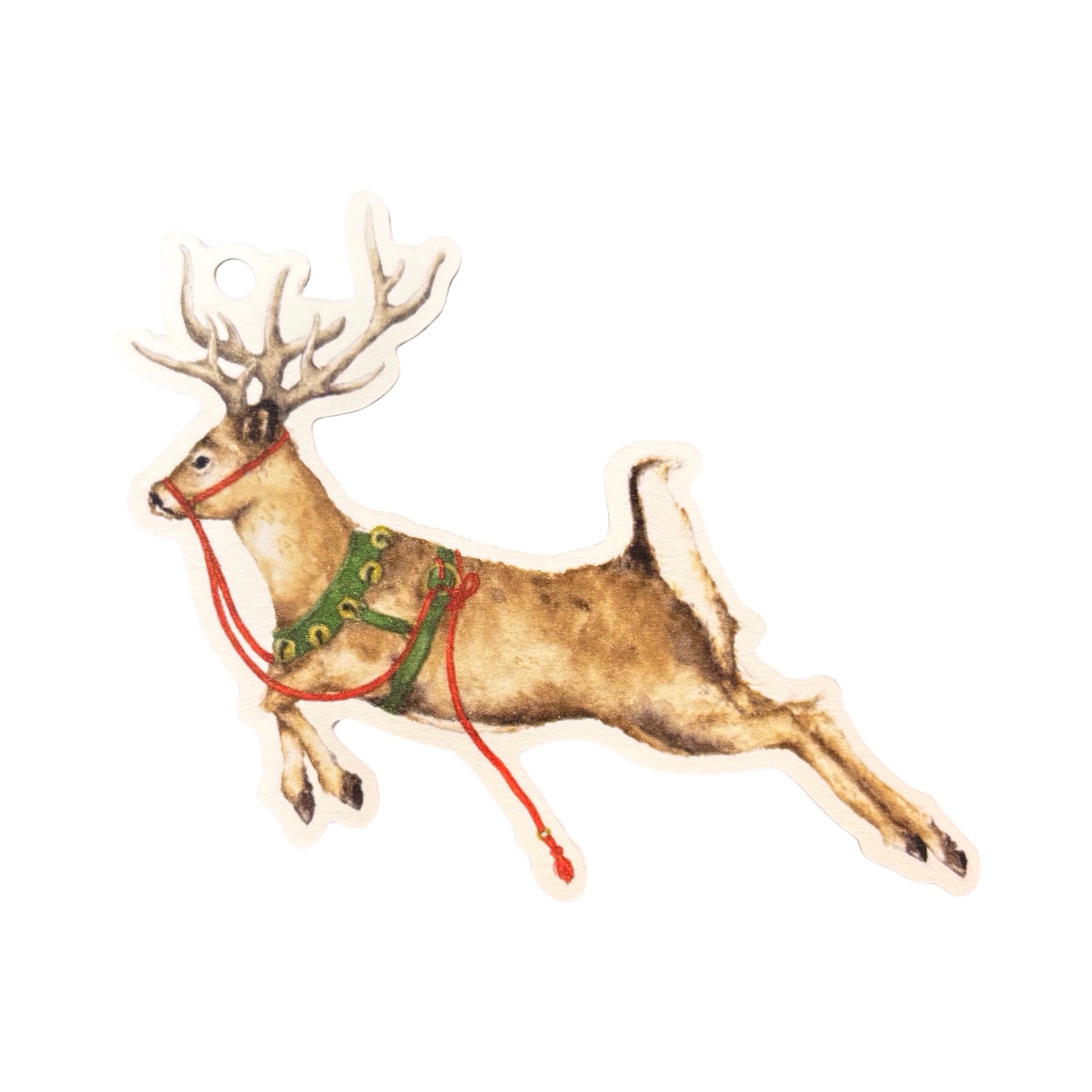 Illustration of a reindeer with a green harness and red reins on a white background.