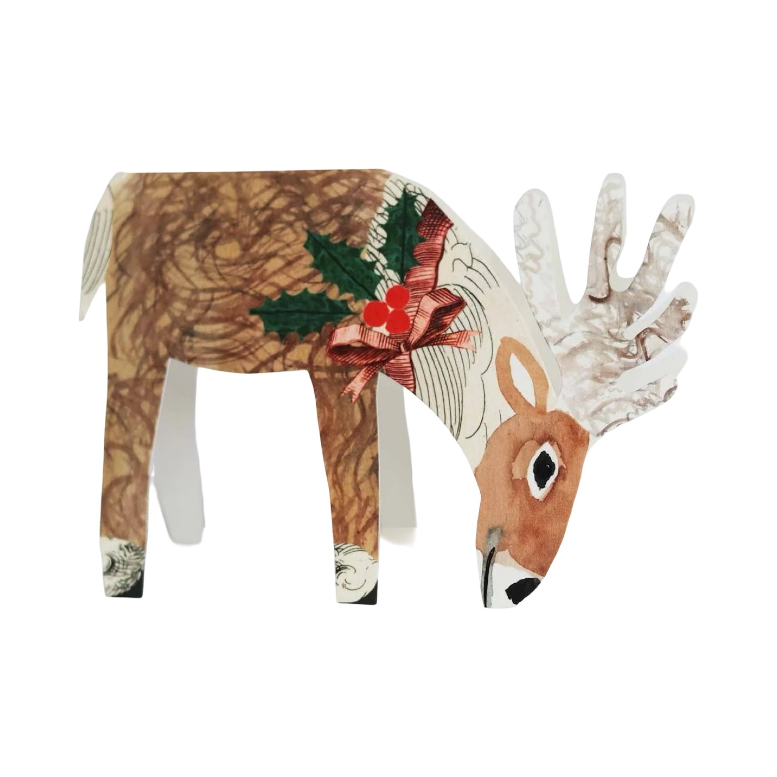 Reindeer-shaped card of a brown and white reindeer with holly and berries tied with ribbon around its neck.