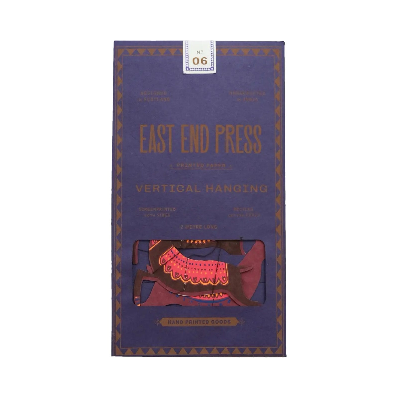 A deep purple paper packet for a vertical reindeer garland.