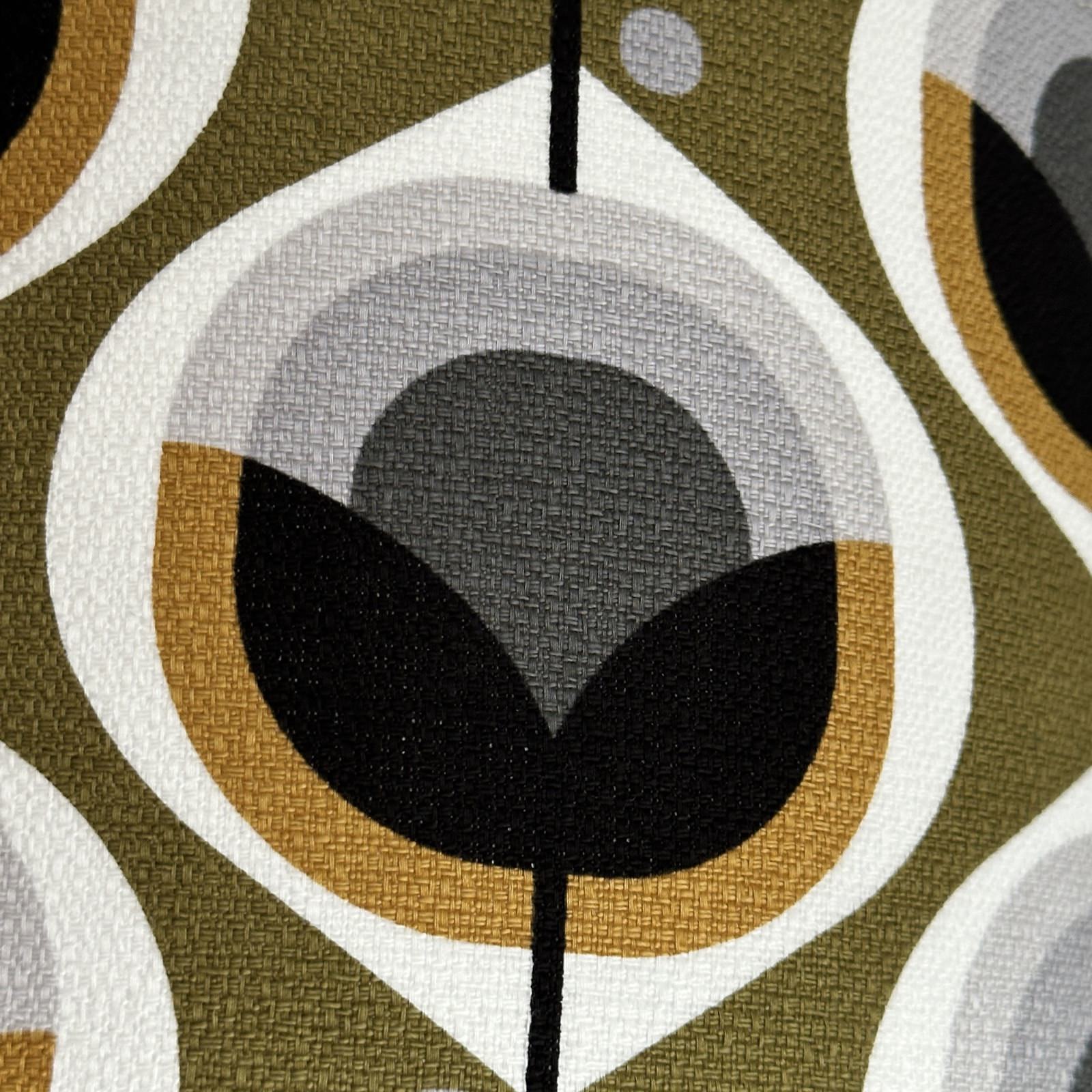 Mid-century inspired floral barkcloth fabric in mustard, black, white and grey.