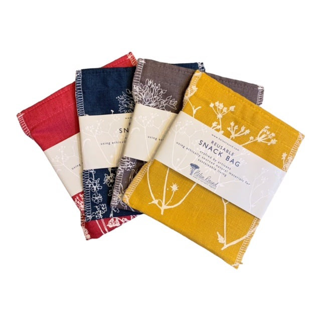 These reusable linen washable snack bags are screen printed using water based inks.