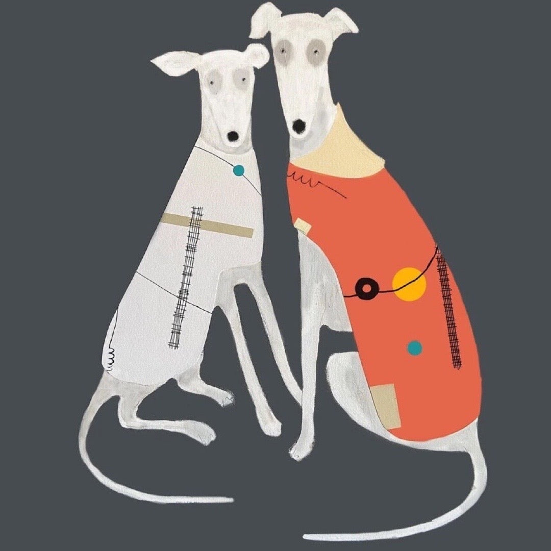 Rhubarb and Lula greyhounds on 15 x 15 cm square greetings card'.