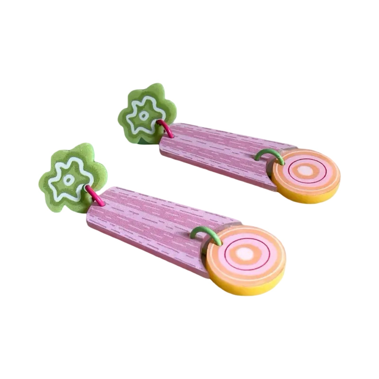 A pair of earrings with green studs, purple dangles and yellow circles at the ends.