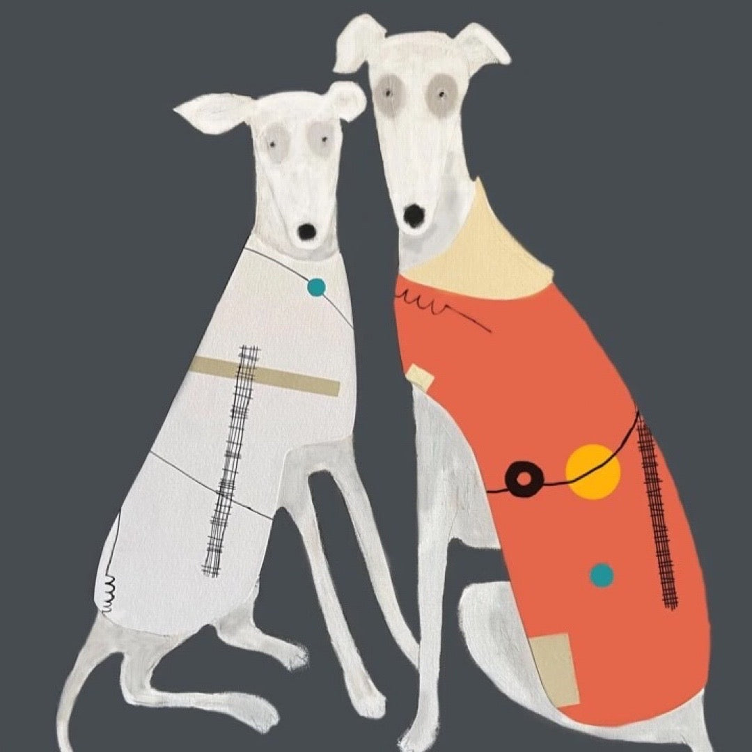 A3 poster print of Rhubarb and Lula greyhound dogs.
