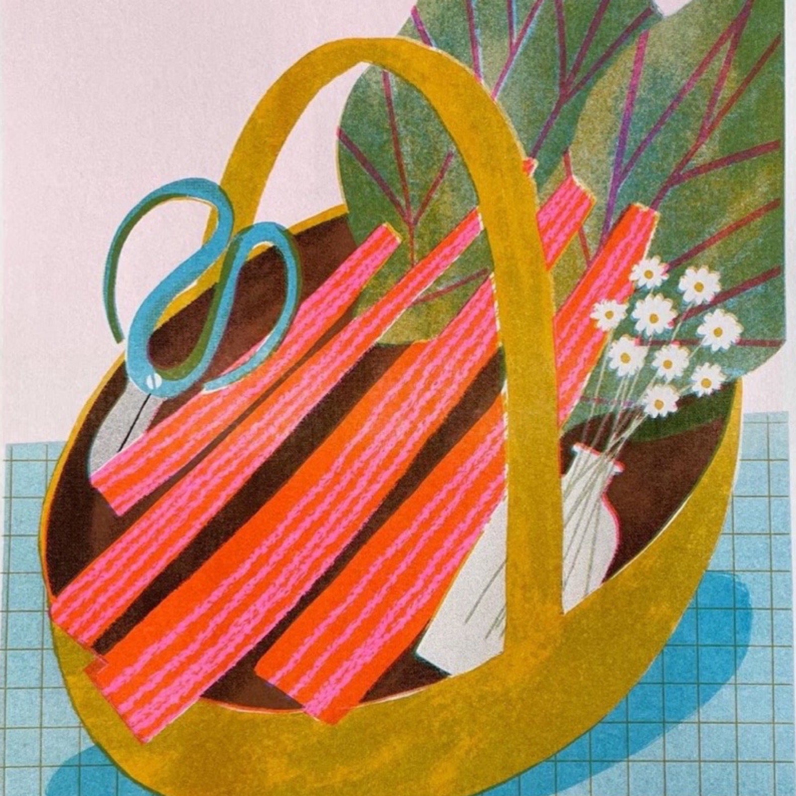 Illustration of a basket with rhubarb, scissors, and flowers on a grid background