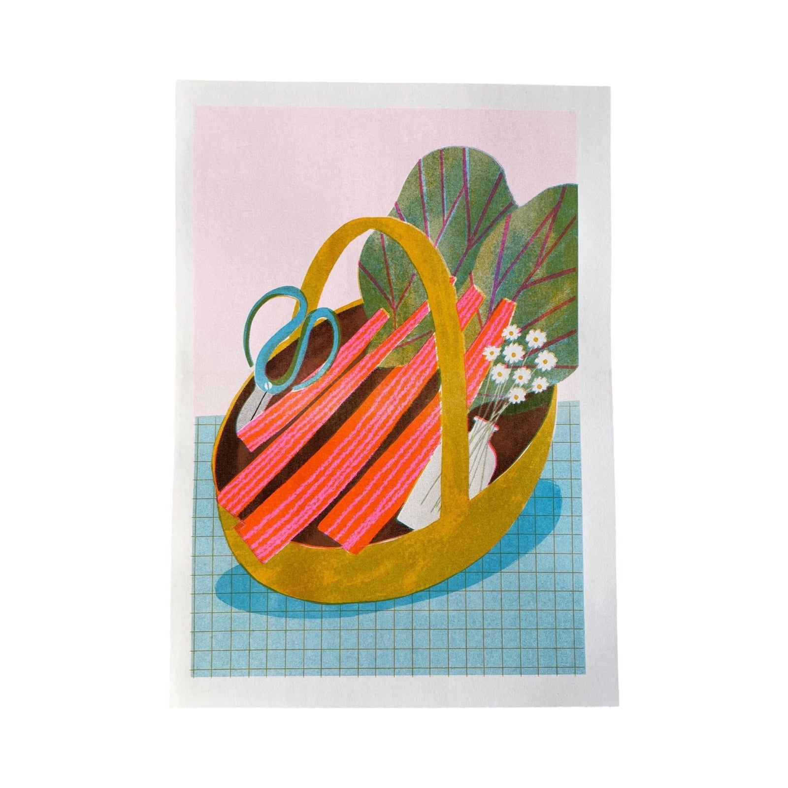 Colourful illustration of a basket with rhubarb on a grid background.