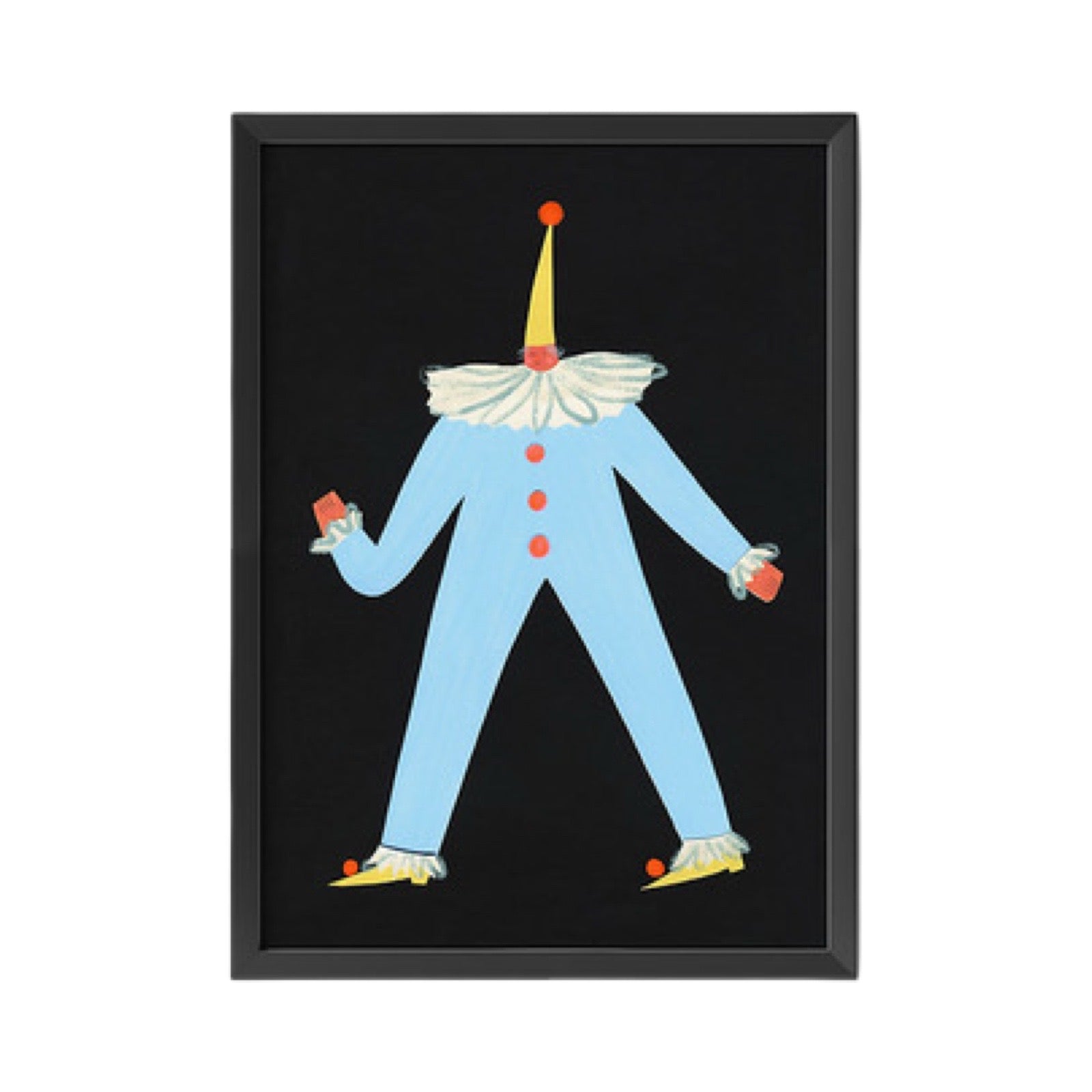 This print features an illustration of the circus character 'Robin' wearing a fabulous all-in-one blue suit with red buttons and a white ruffle collar.