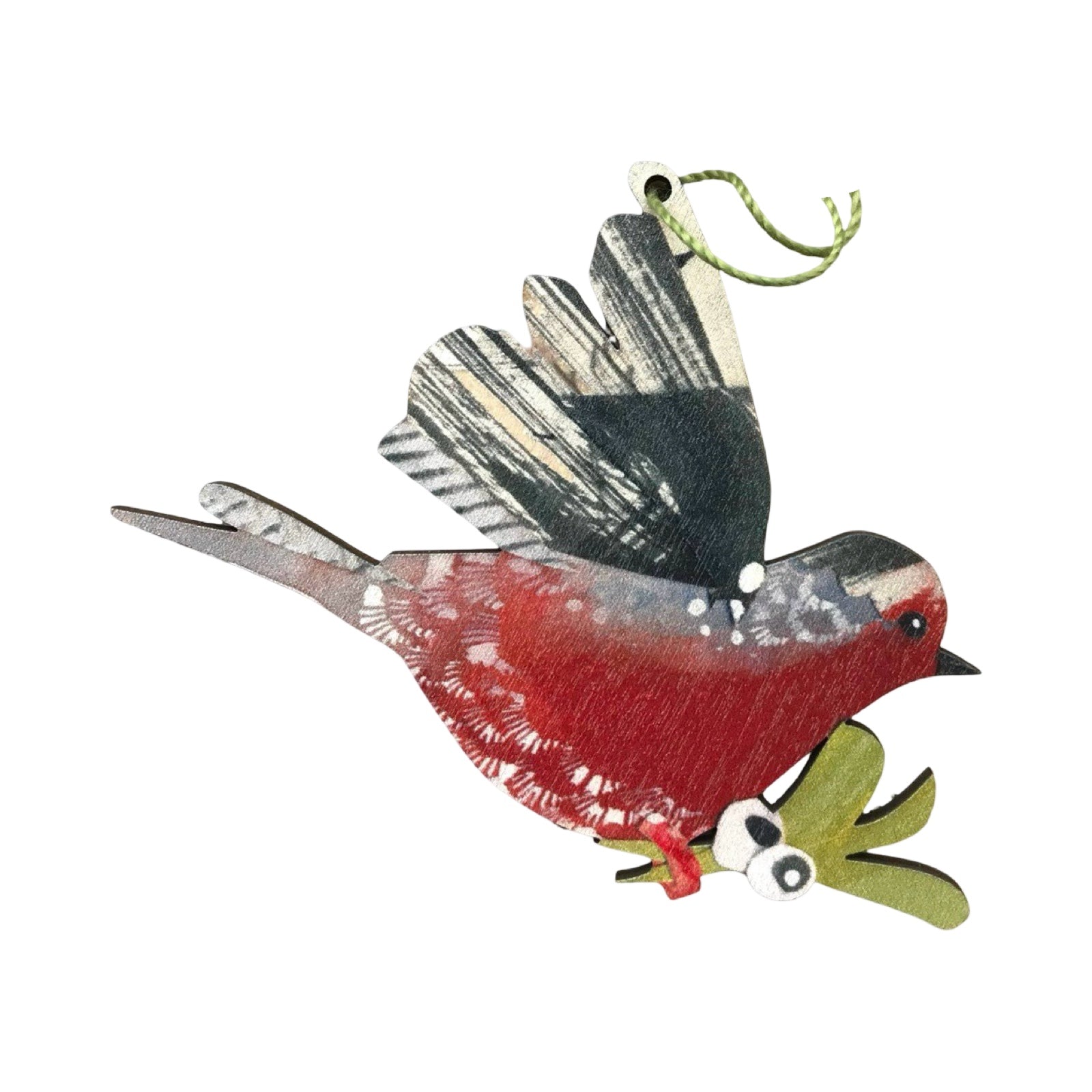 This gorgeous wooden Christmas decoration features a flying Robin carrying a bunch of mistletoe. Each decoration is made from sustainably sourced ply and strung with festive green thread.