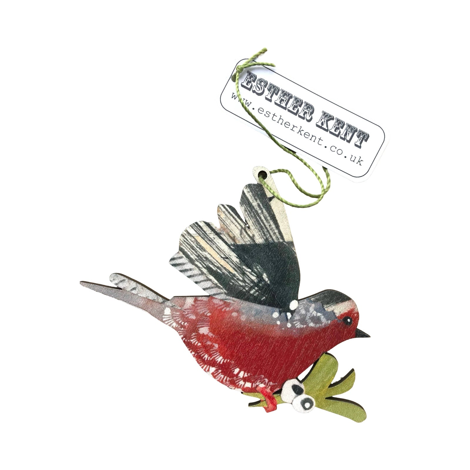 This gorgeous wooden Christmas decoration features a flying Robin carrying a bunch of mistletoe. Each decoration is made from sustainably sourced ply and strung with festive green thread.
