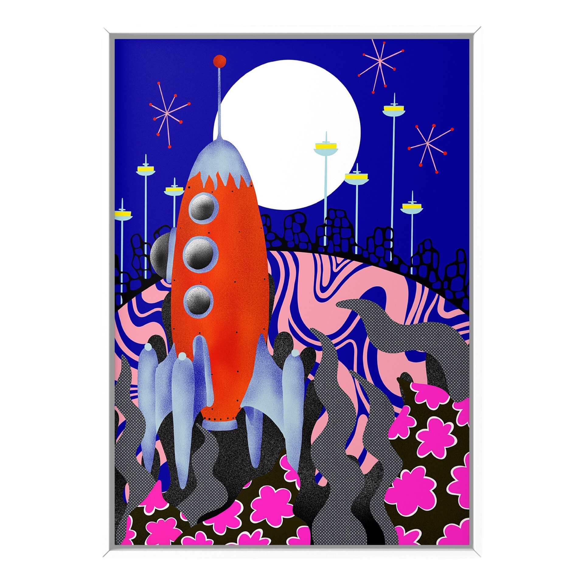 Art print featuring a red space rocket sitting on a psychedelic pink, purple and black planet.