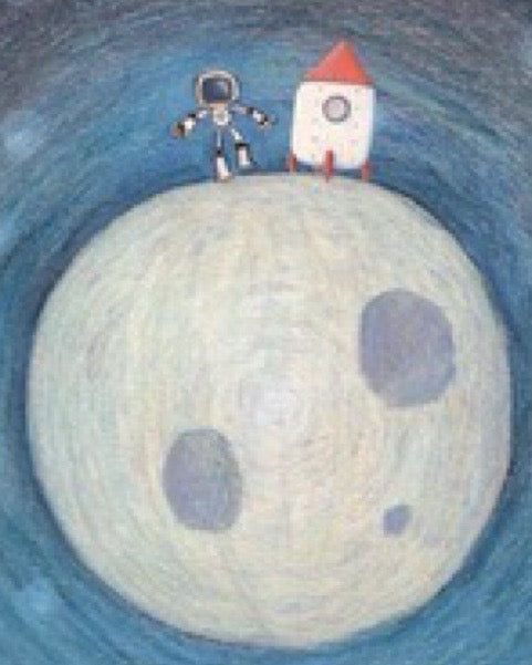 A beautiful print of a small pink house with the moon above, with a house and a robot.