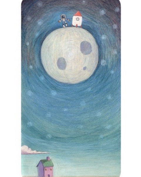 A beautiful print of a small pink house with the moon above, with a house and a robot.