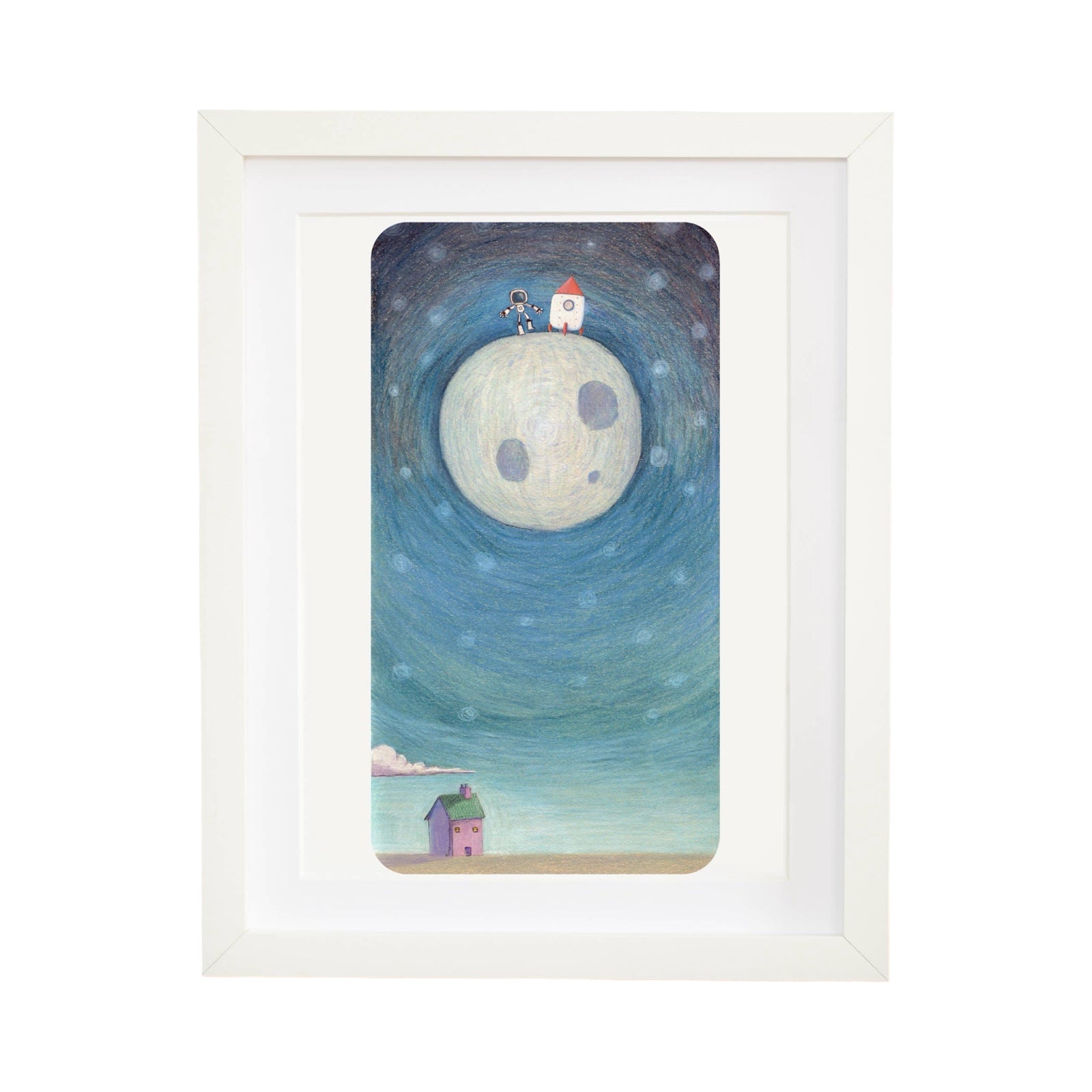 A beautiful print of a small pink house with the moon above, with a house and a robot.