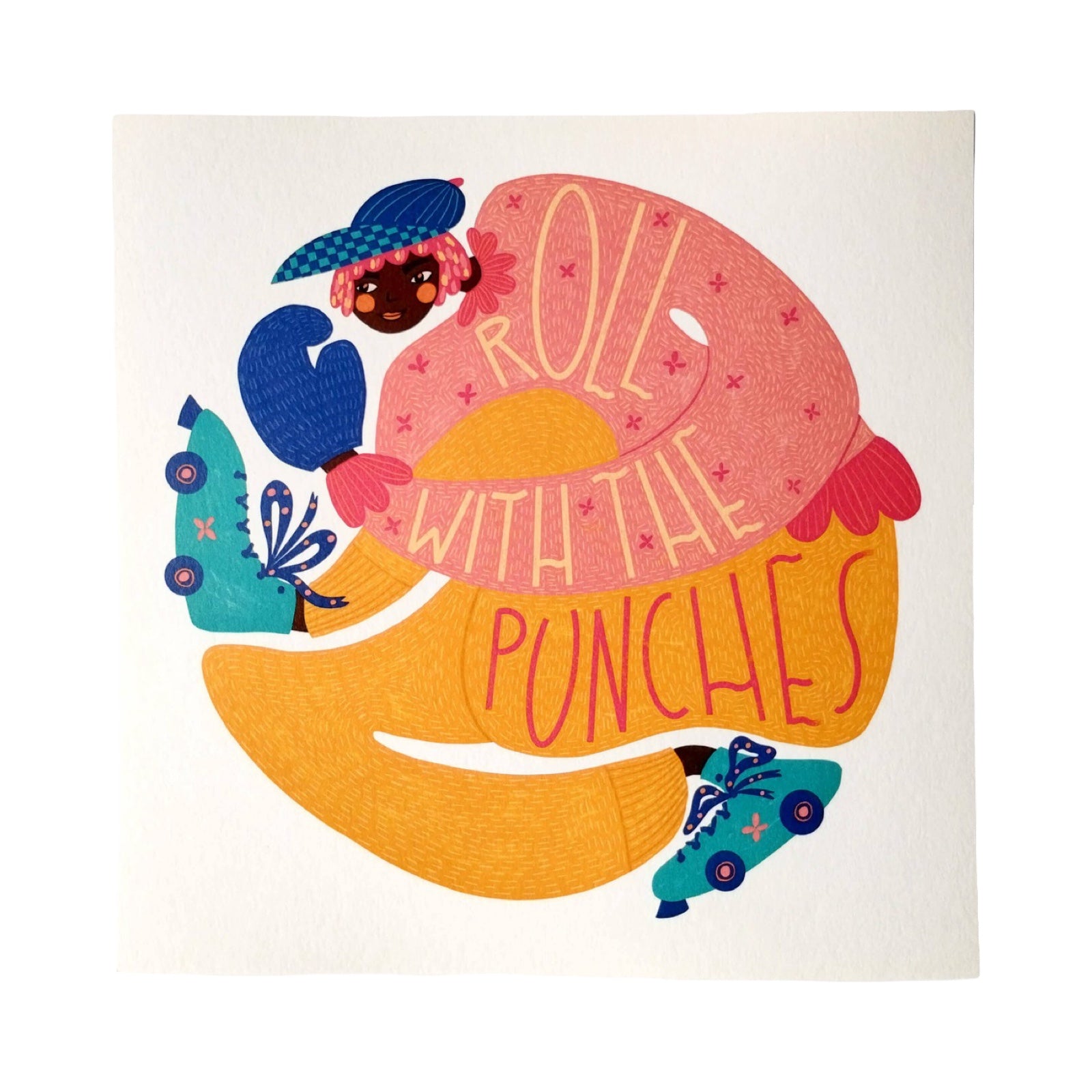 Colourful illustration of a girl with a pool float and text 'Roll with the Punches' on a white background.