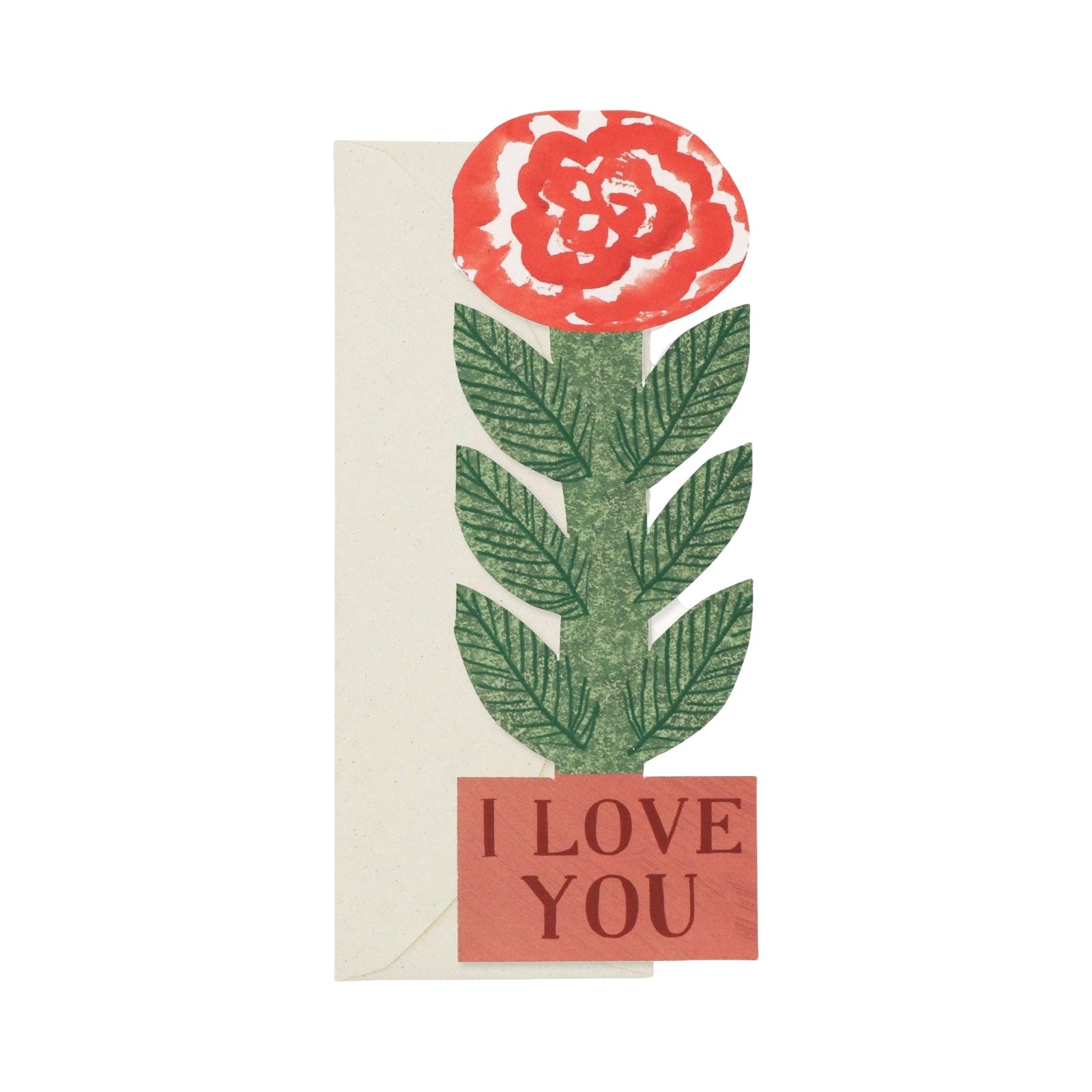 Card with a red rose and 'I Love You' text on a white background.