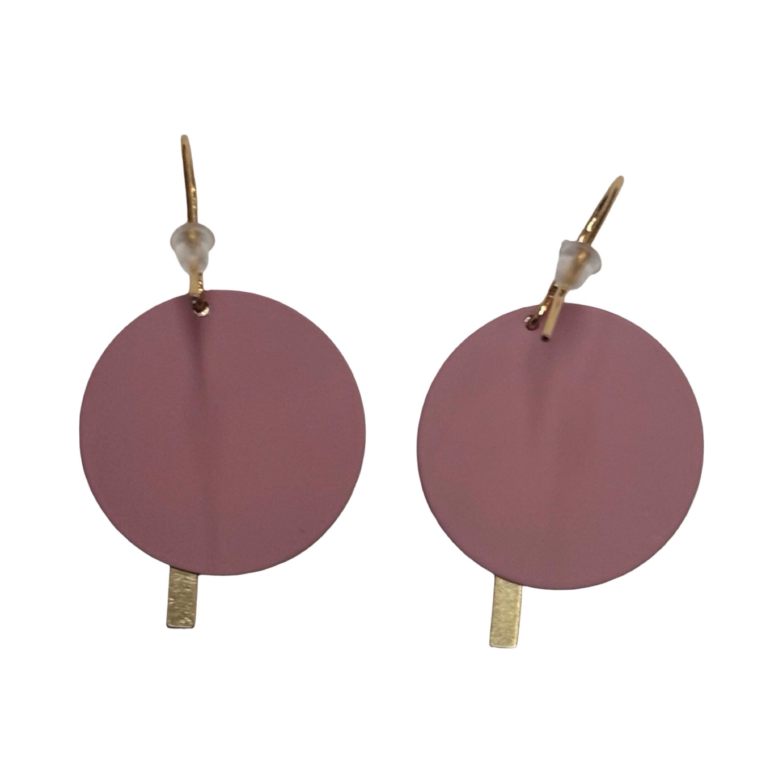 Pair of earrings with round purple discs and gold bars on a white background.