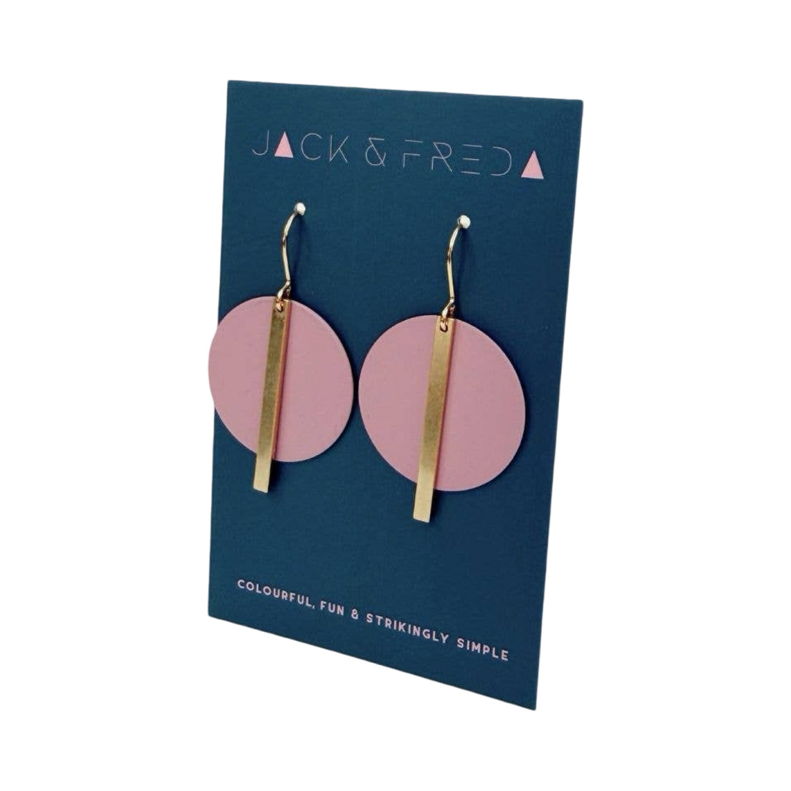 Pink circle earrings with gold bars on a Jack & Fred card.