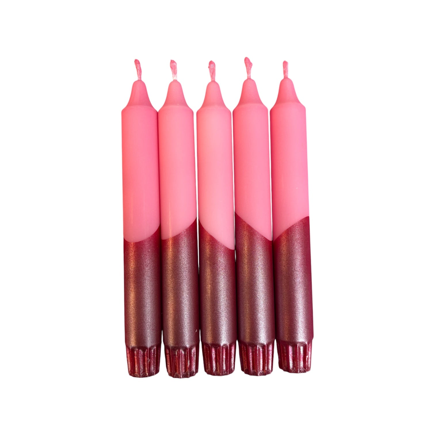 Five pink and red metallic gradient candles on a white background