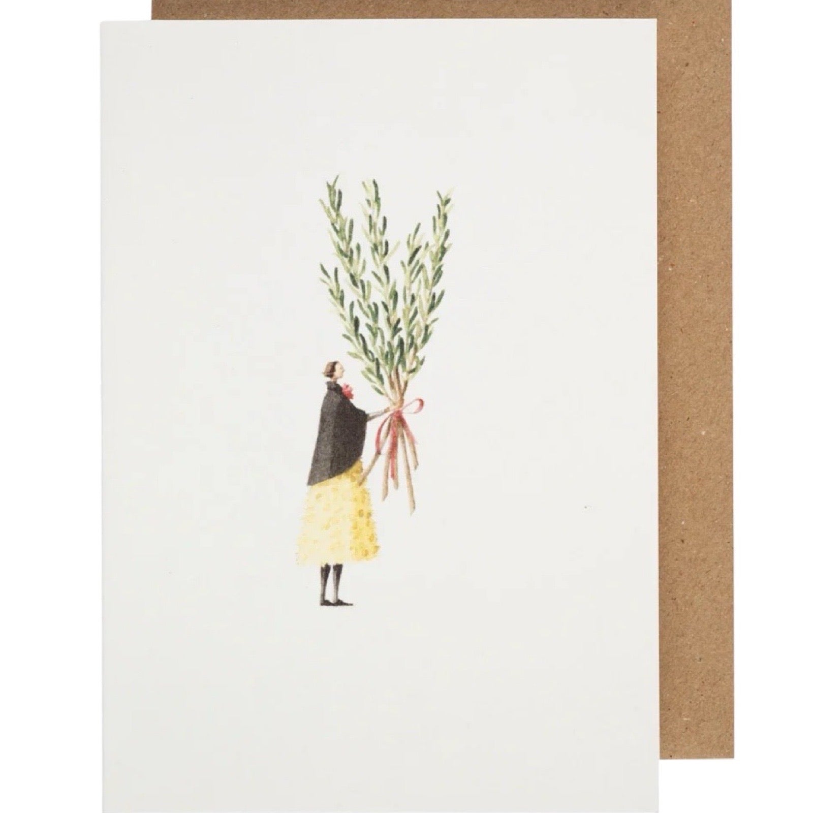 Greeting card with illustration of a person holding green branches on a white background.