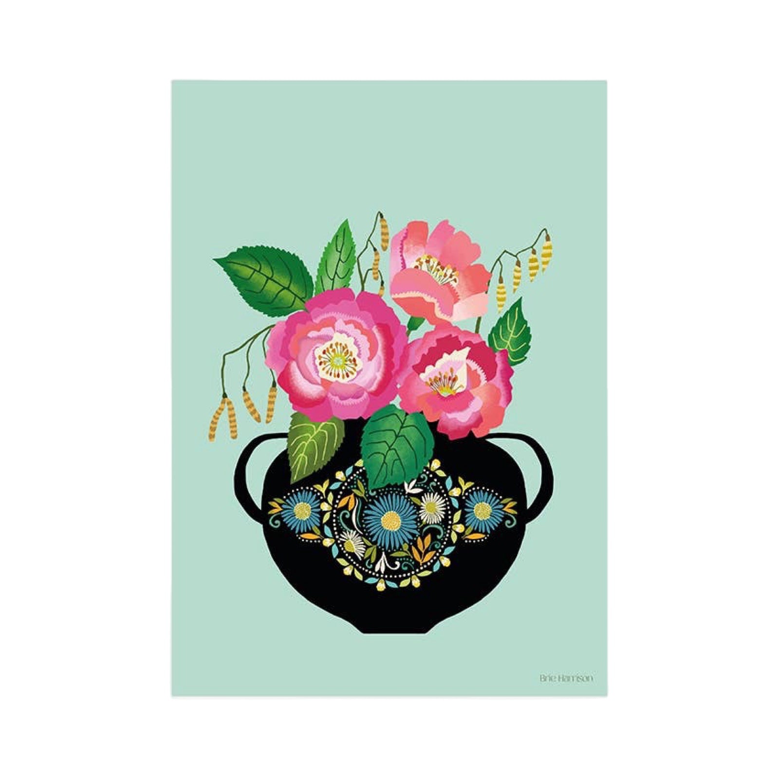 Decorative print with pink flowers in a black pot on a light green background.