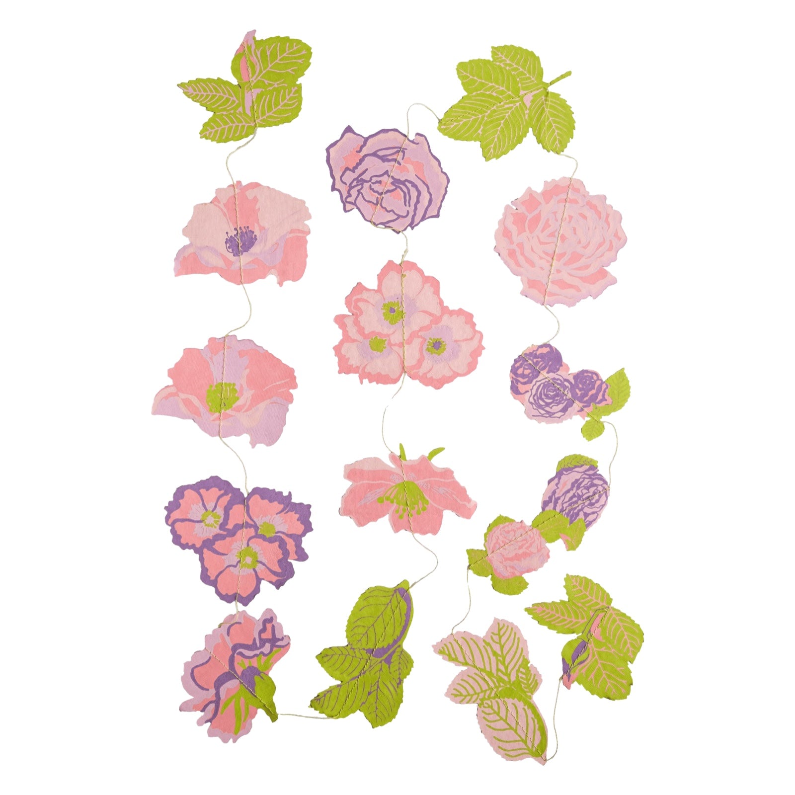 A vertical hanging garland with rosed in shades of pink and purple and green leaves.