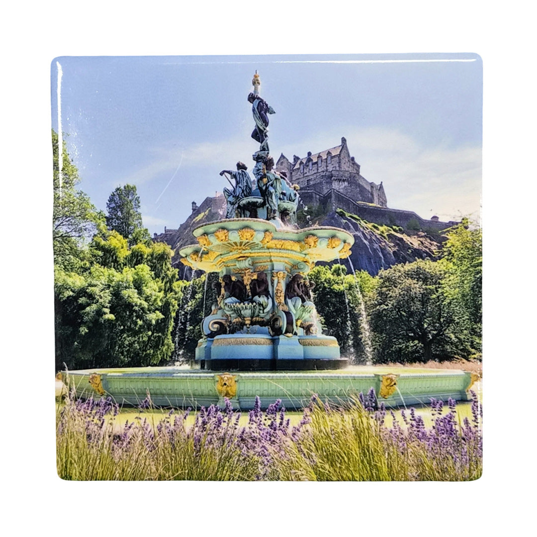 An image of the Ross Fountain Edinburgh on a ceramic coaster against a white background.