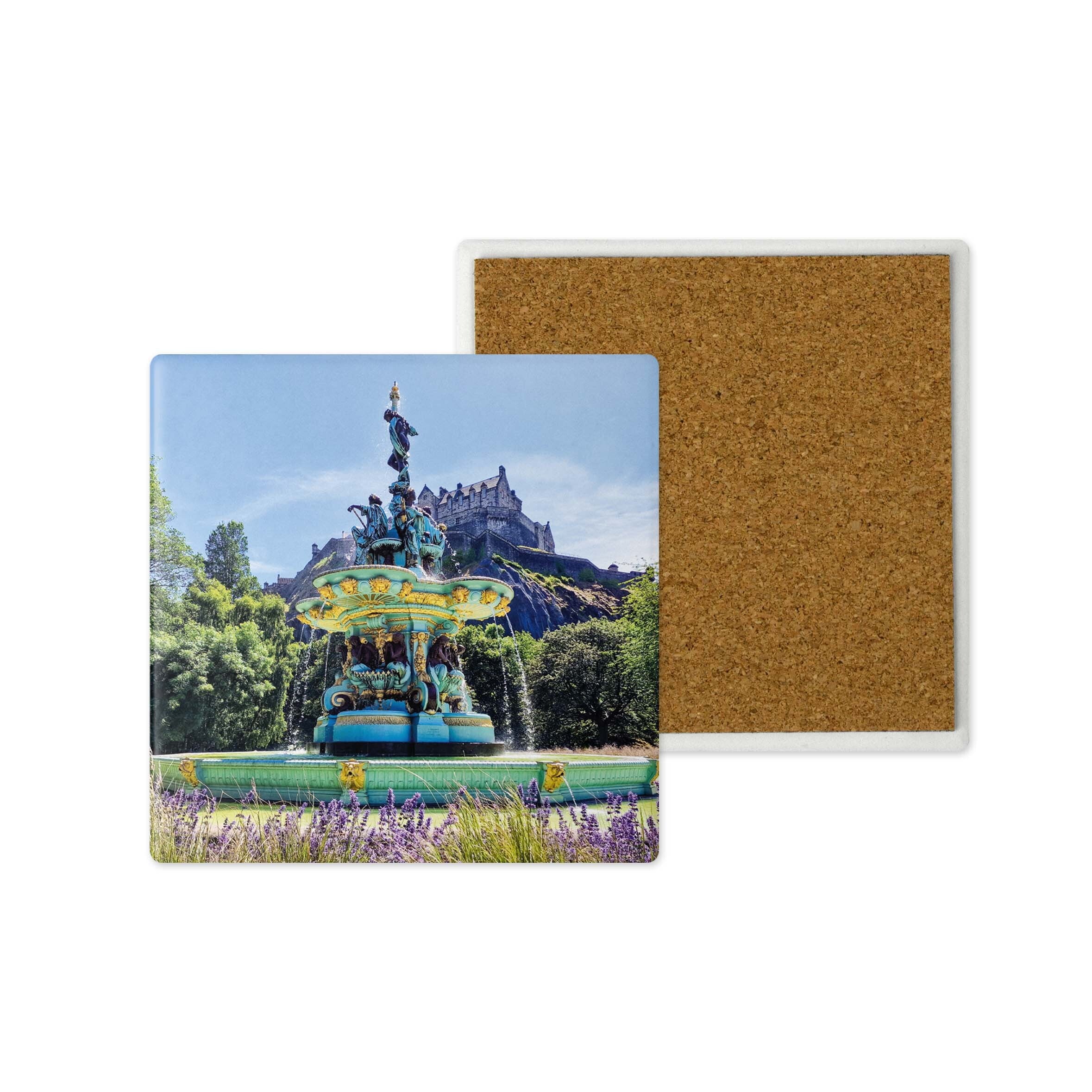 An image of the Ross Fountain and Edinburgh Castle on a ceramic coaster.