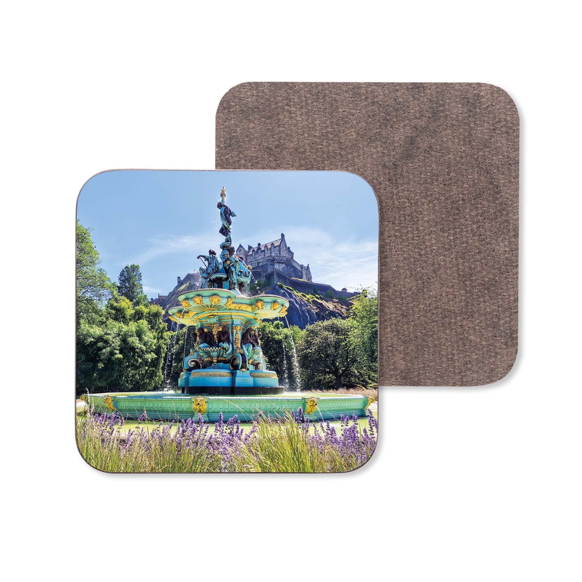 An image of the Ross Fountain and Edinburgh Castle on a coaster.