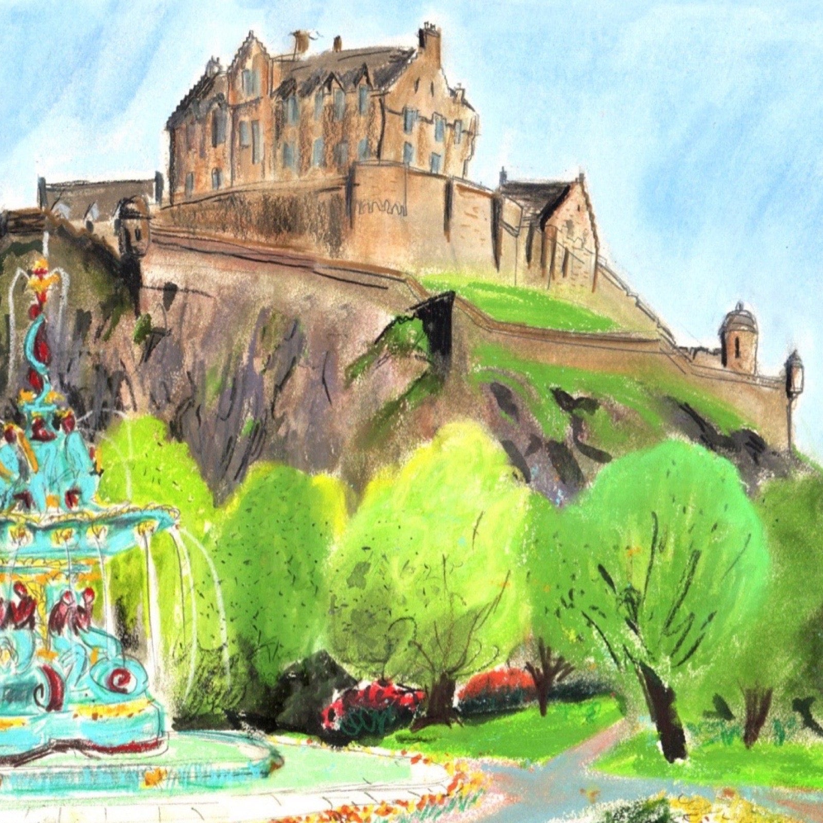 Colourful illustration of a castle on a hill with green trees and a fountain.