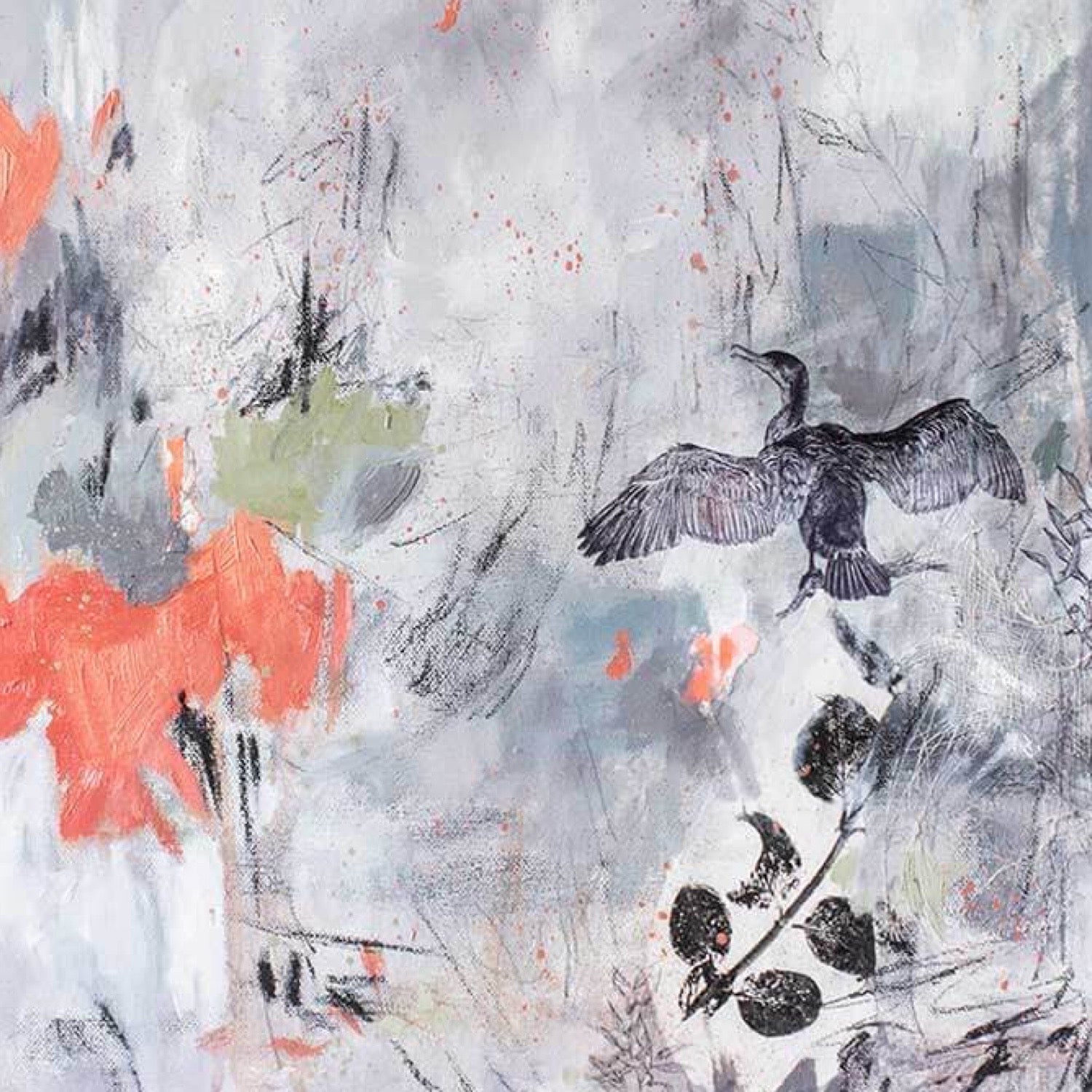 Abstract artwork with a bird and floral elements on a textured background.