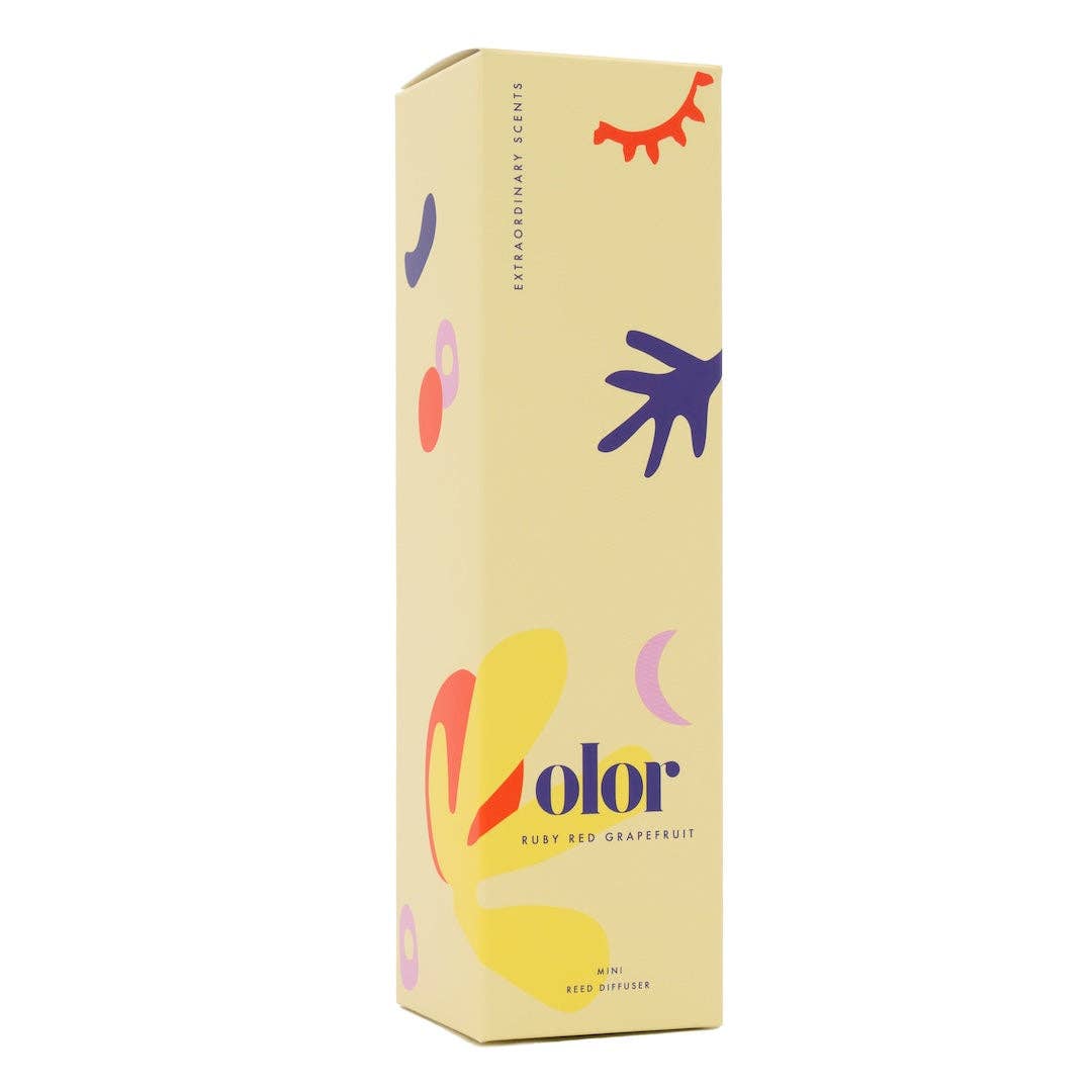 Color product packaging with colorful designs on a beige background