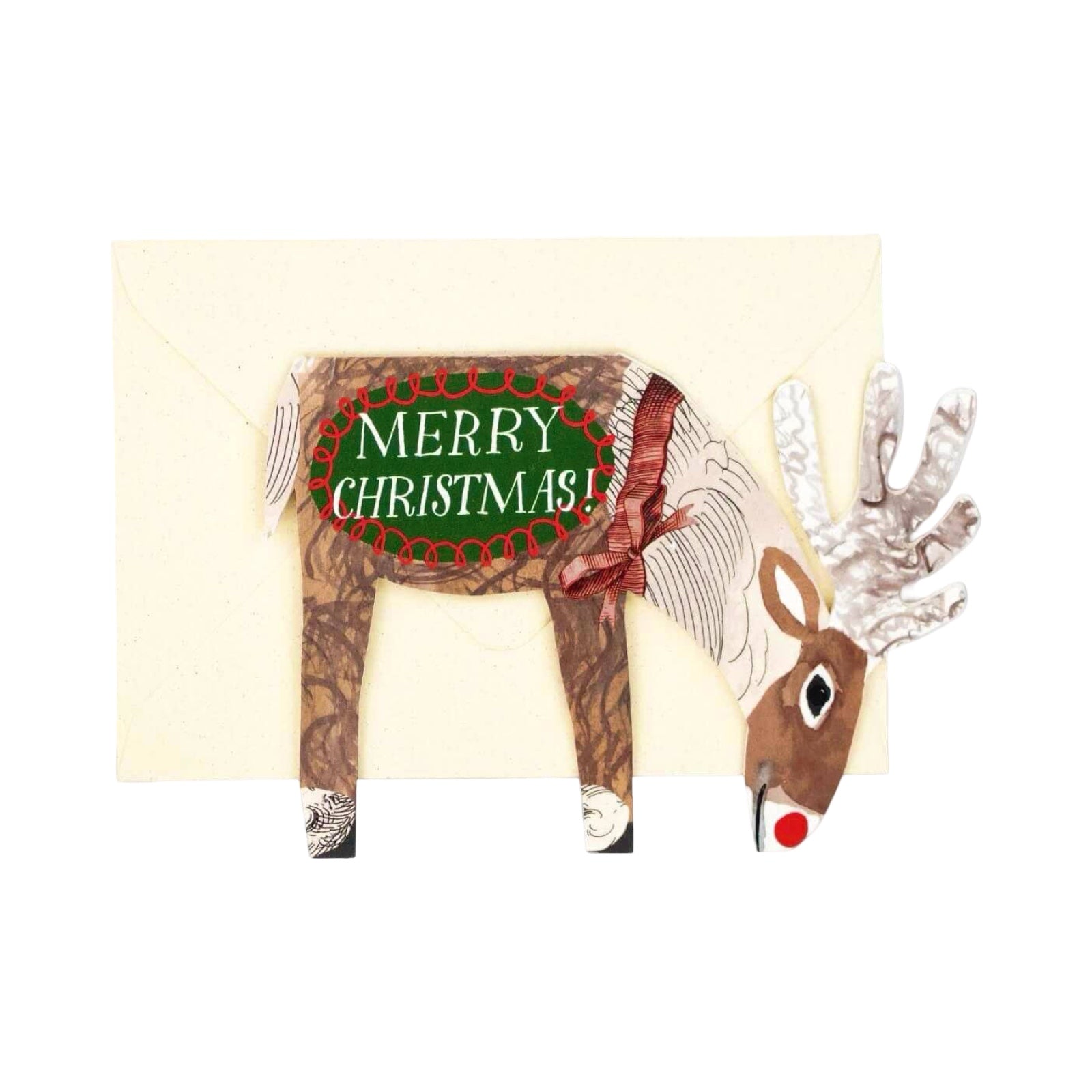 Reindeer-shaped card featuring a brown and white reindeer with a red nose, on a white background, with a cream envelope.