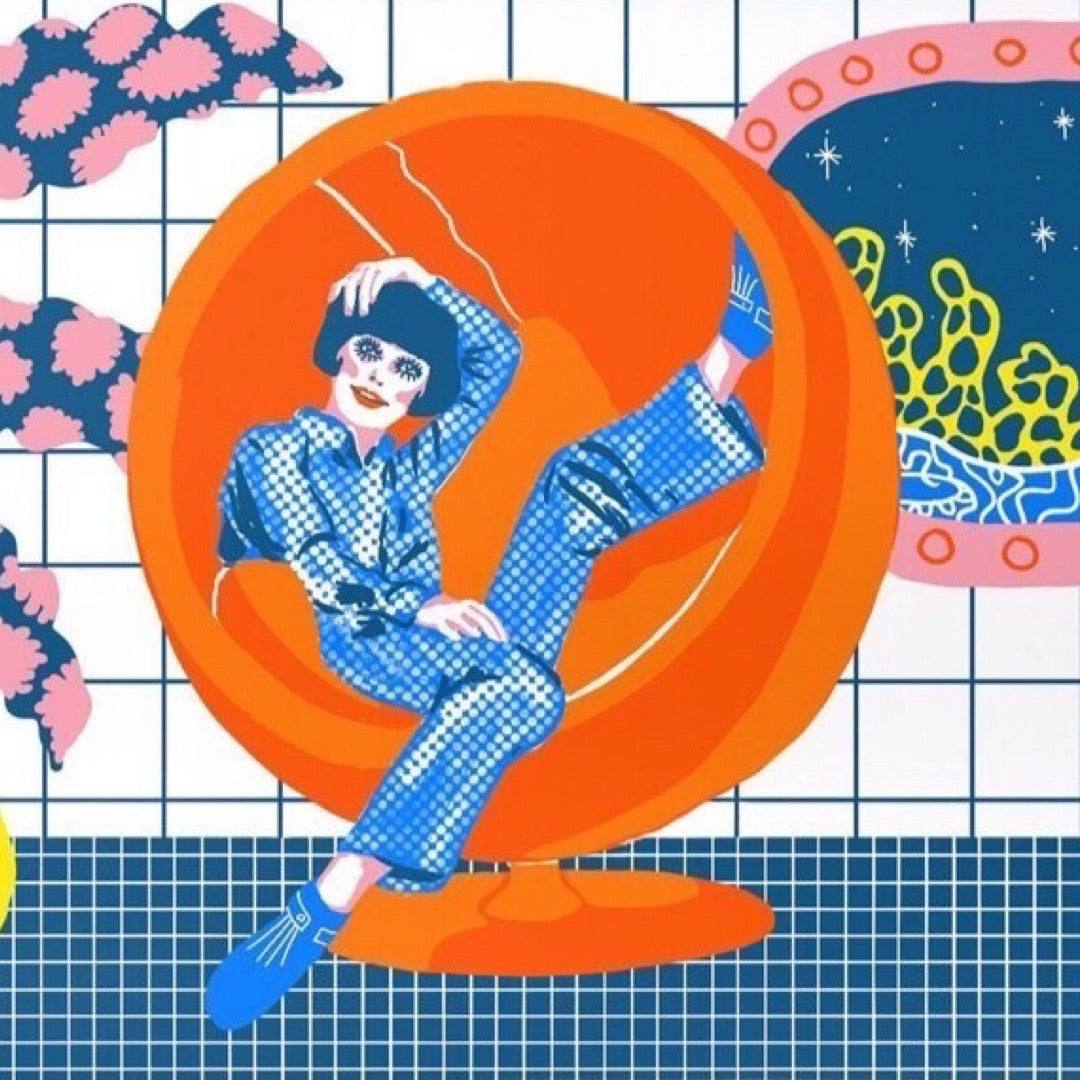 Retro-inspired art print featuring a lady in an underwater room wearing a fabulous blue jumpsuit relaxing in an orange bubble chair.