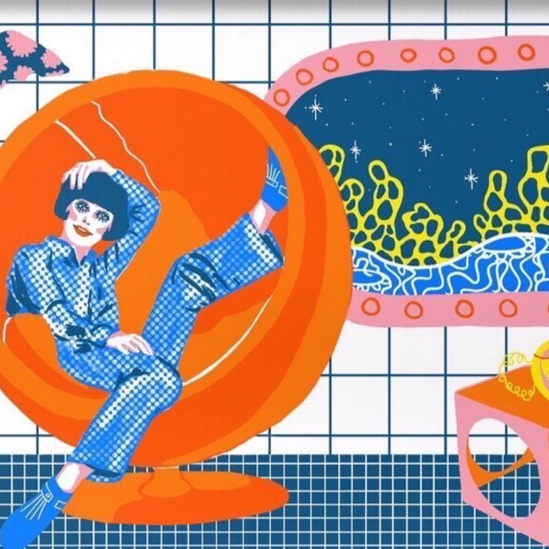 Retro-inspired art print featuring a lady in an underwater room wearing a fabulous blue jumpsuit relaxing in an orange bubble chair.