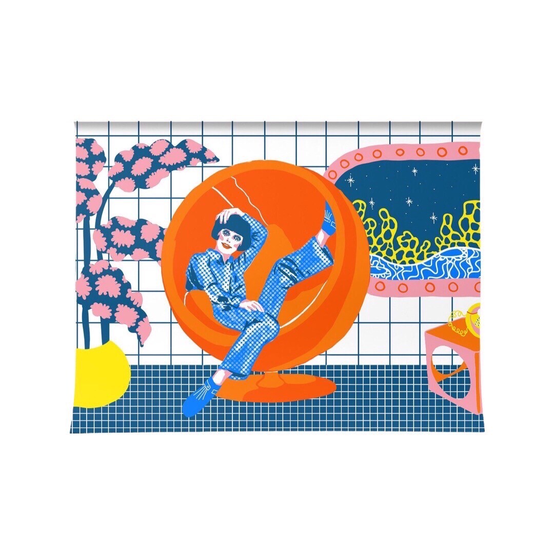 Retro-inspired art print featuring a lady in an underwater room wearing a fabulous blue jumpsuit relaxing in an orange bubble chair.