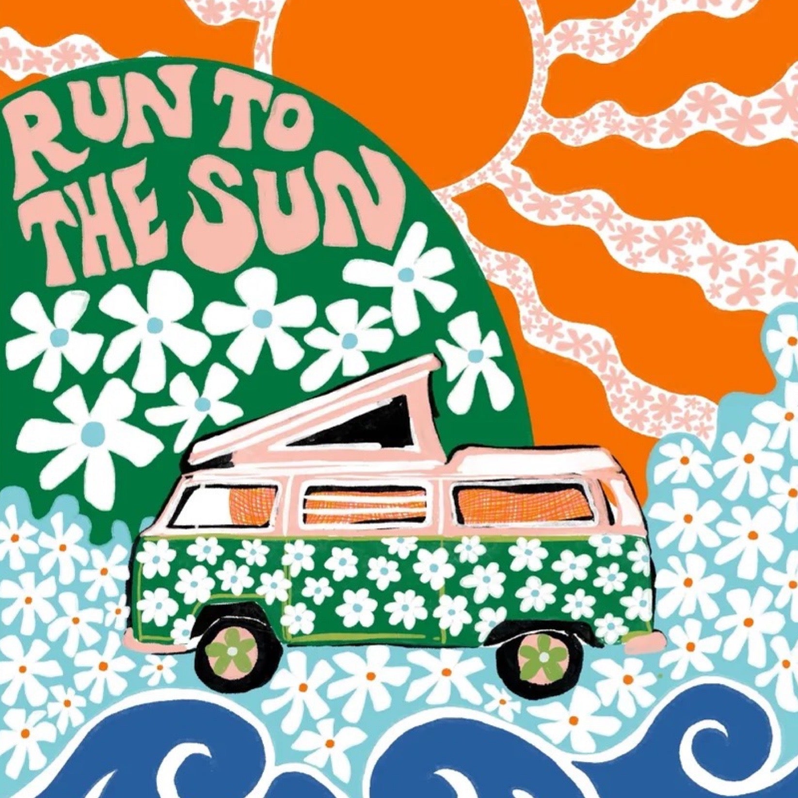 Illustration of a van with flowers and 'Run to the Sun' text on a colorful background.