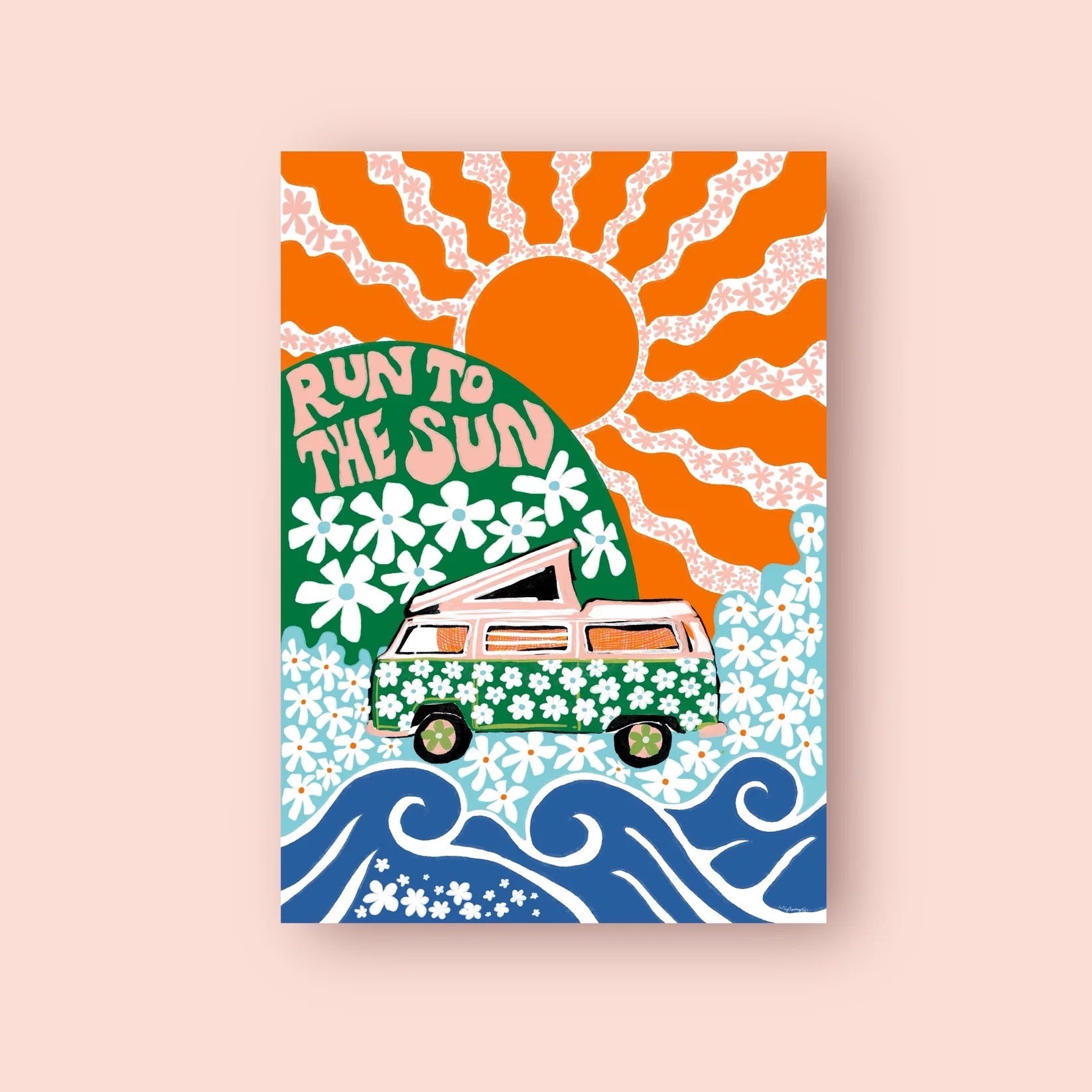 Poster with a van, sun, and floral design on a light pink background.