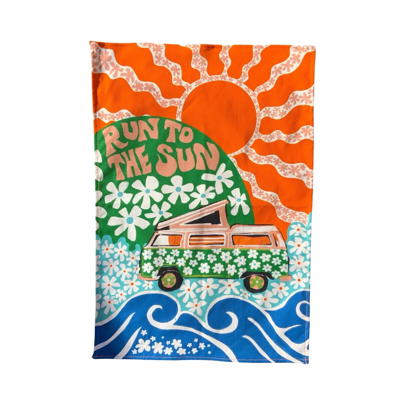 A statement tea towel featuring retro van with floral green design, surrounded by an orange sun and blue waves. The text 'Run To The Sun' sits in a green circle with white flowers.
