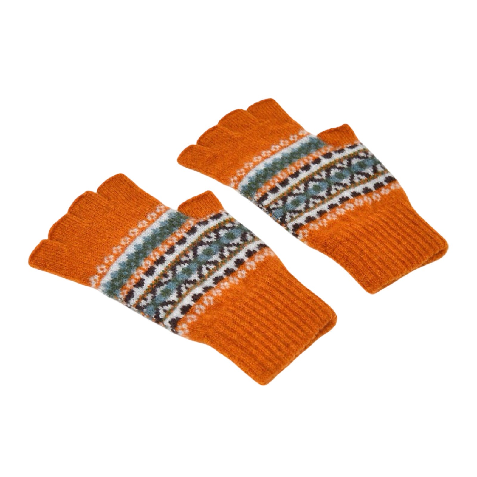 Ladies' orange fingerless gloves with a contemporary pattern in blue, navy and white are made from 100% lambswool.