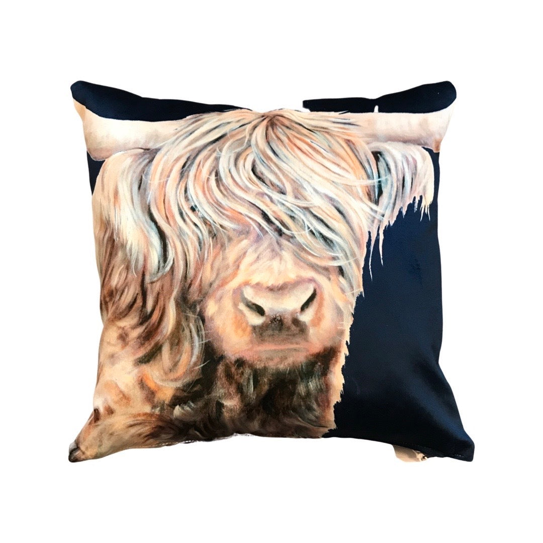 Highland Cow Cushion - Blue